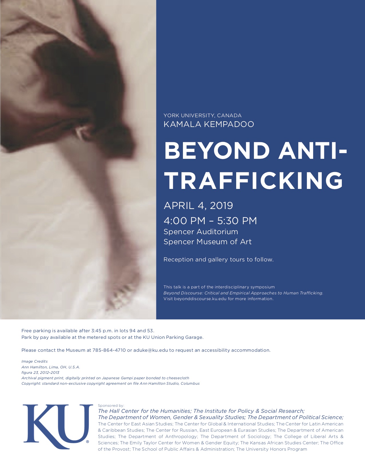Flier for keynote "Beyond Anti-Trafficking" with text and artwork showing a blurry leg and foot covered partly with fabric