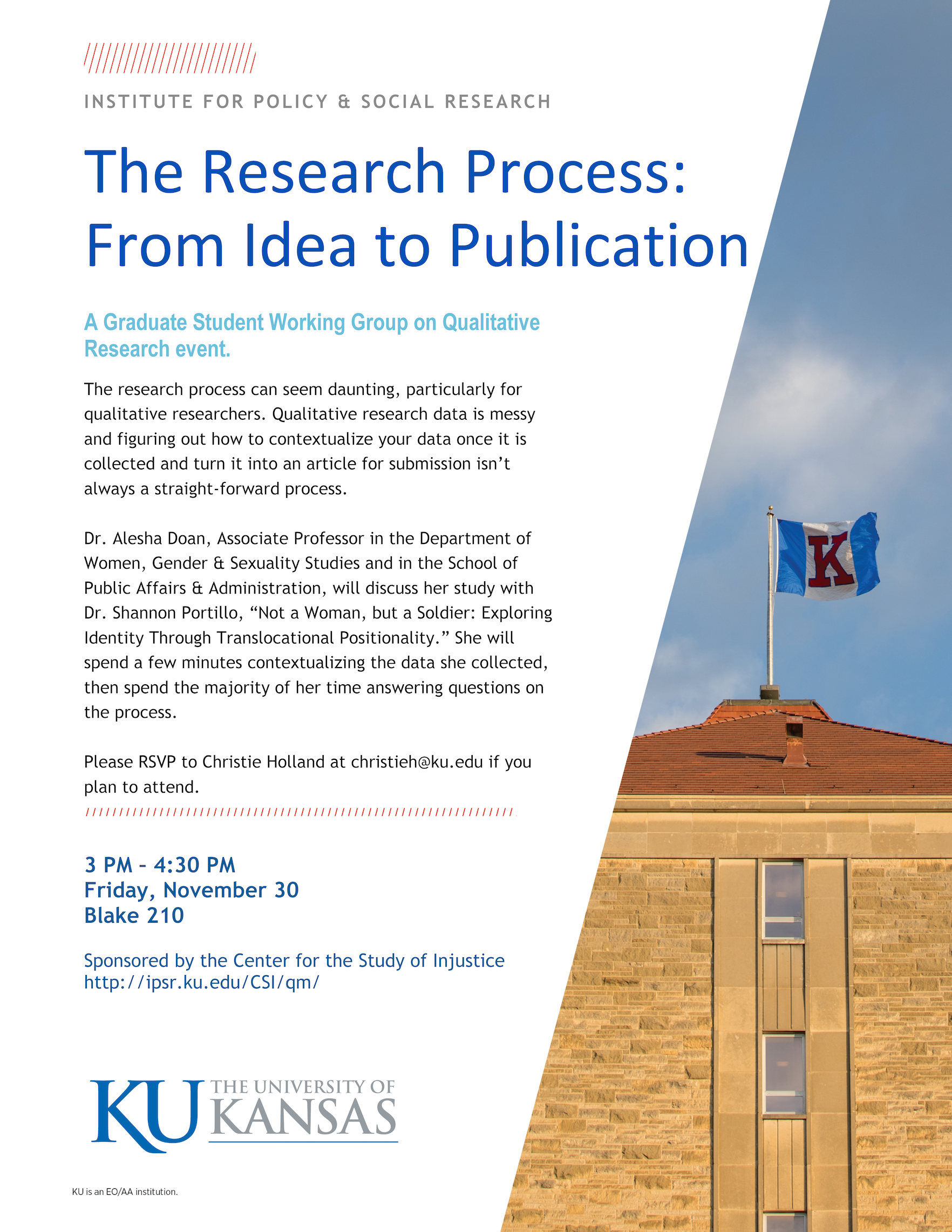 Poster for event showing event title and description with time, date, location, and image of Fraser Hall