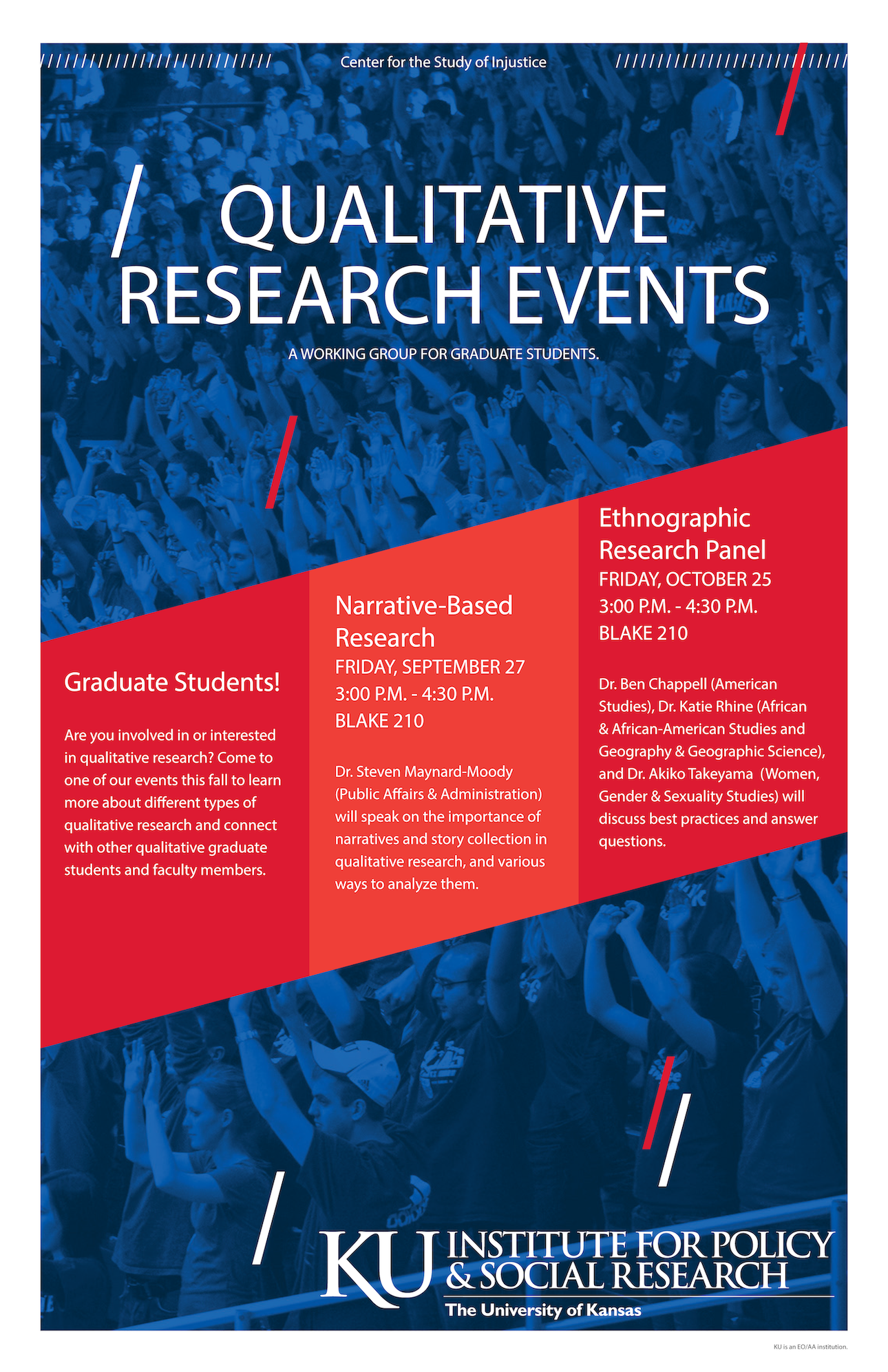 Flier for 2019 qualitative research events, blue image of students with red boxes behind text showing the header "Qualitative Research Events" and event titles and descriptions, plus times, dates, and locations for each event.