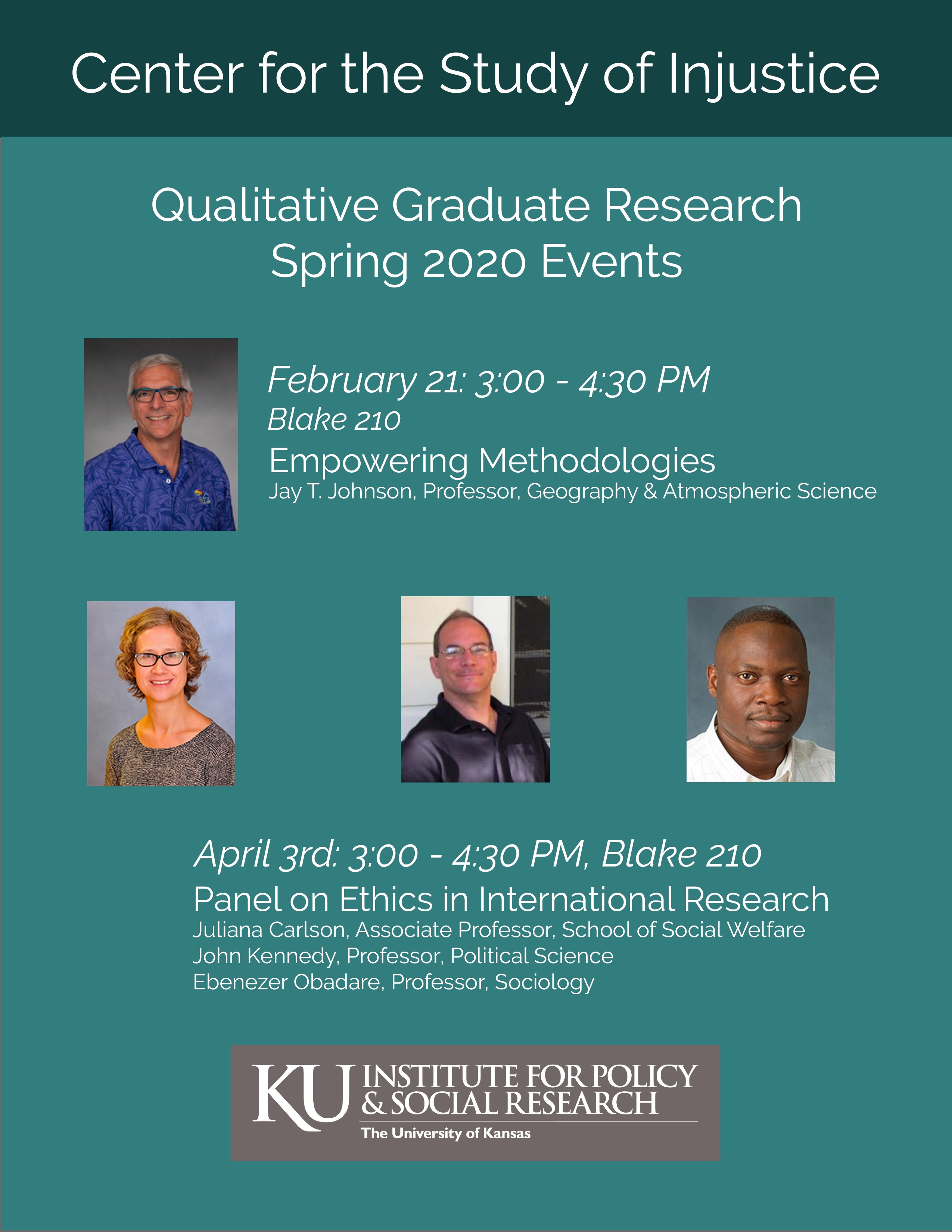 Flier for events with heading, event titles, and images of each presenter