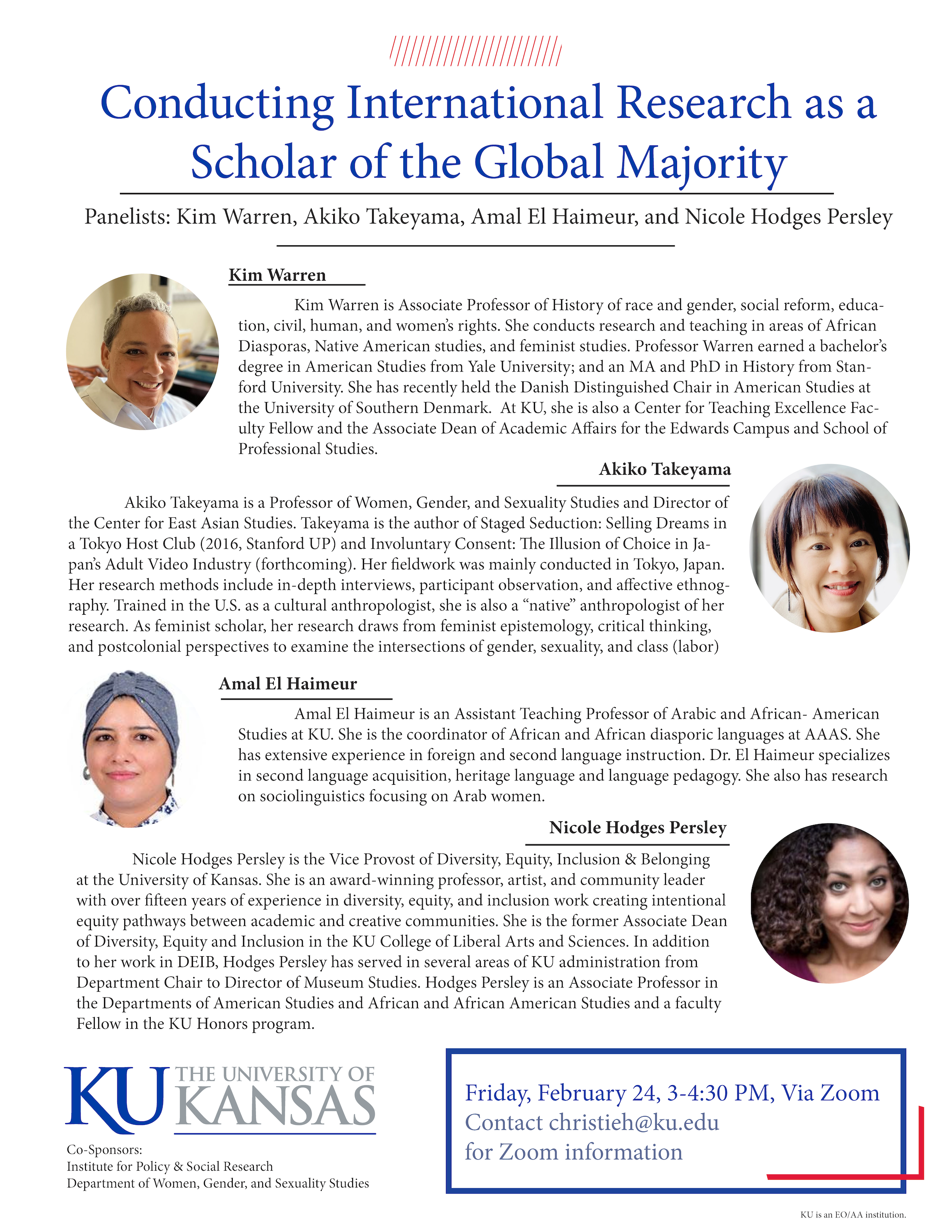 Flier for event showing event title, panelist names and biographies and images, and time, date, and contact information for Zoom connection information.