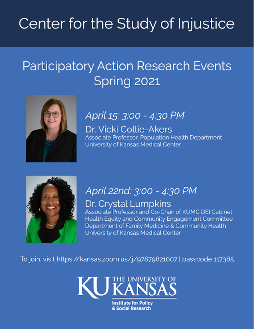 Flier of Participatory Action Research Events showing images of speakers, IPSR logo, zoom information